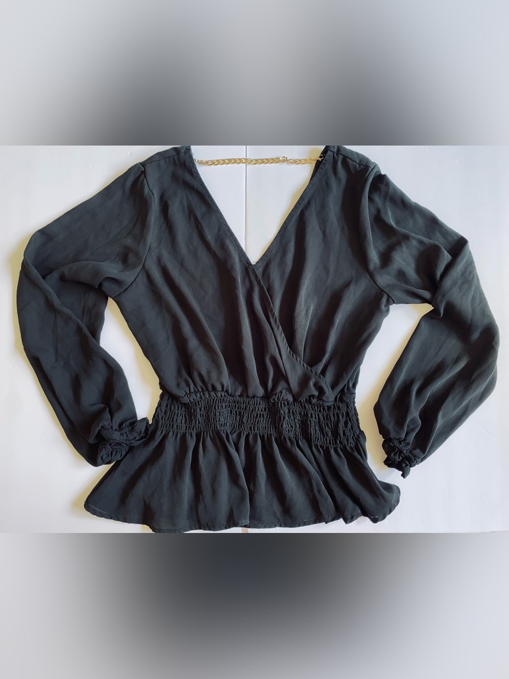 New York & Company Black Smocked Waist Sheer Blouse
